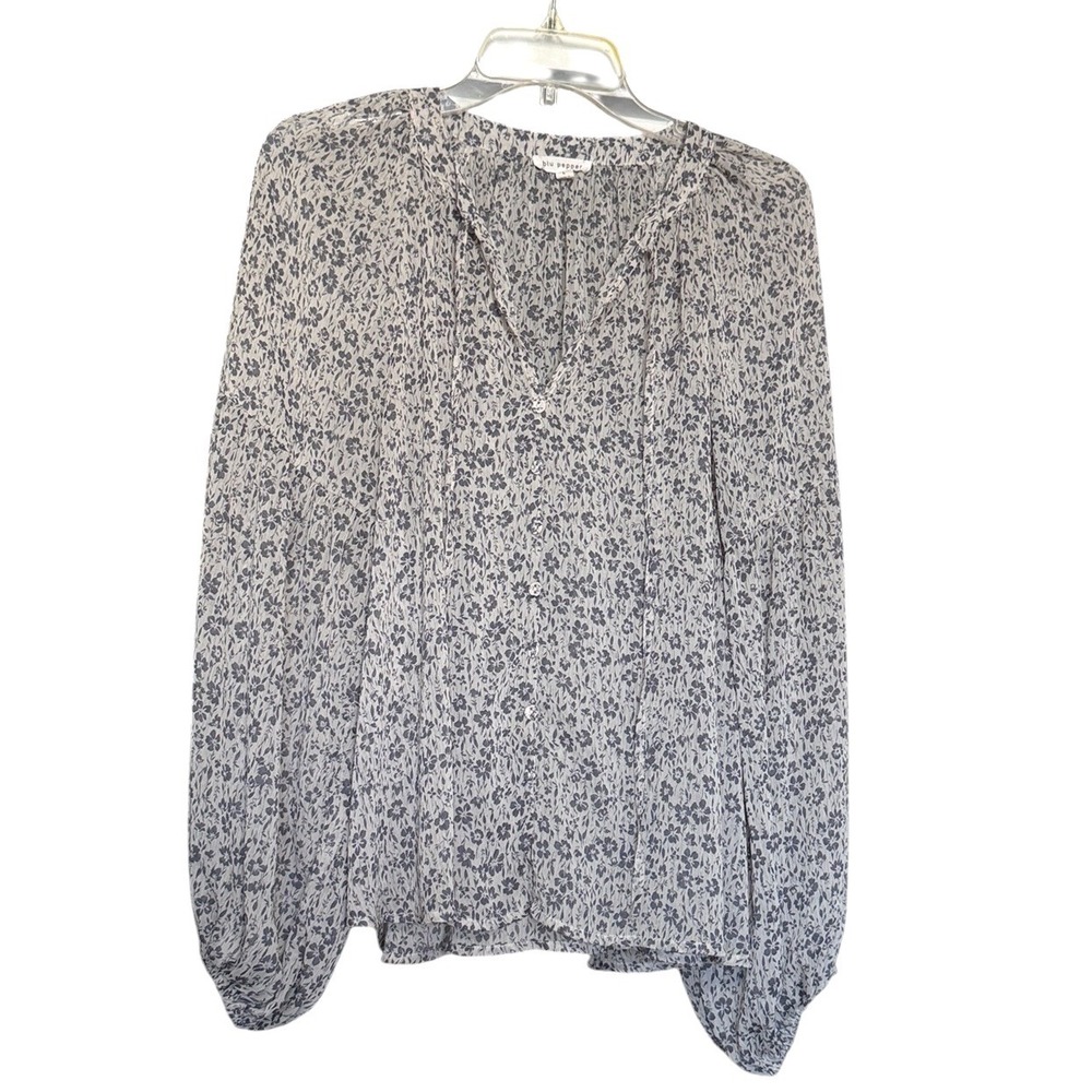 Blu Pepper Blouse L Ditsy Grey Floral Tie Neck Balloon Sleeve Boho Coquette